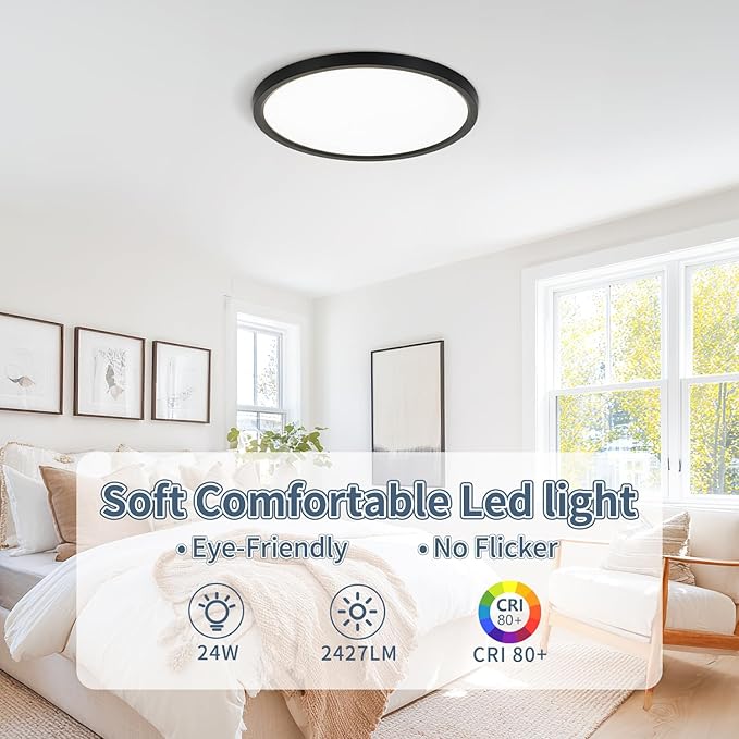 11.4 Inch 6PK LED Flush Mount Ceiling Light, ETL ,24W, 2427LM, 3000K/3500K/4000K/5000K/6500K CCT Selectable, 0.66in Ultra Thin Round Flat Panel Ceiling Light Fixture for Bedroom, Kitchen, (Black)