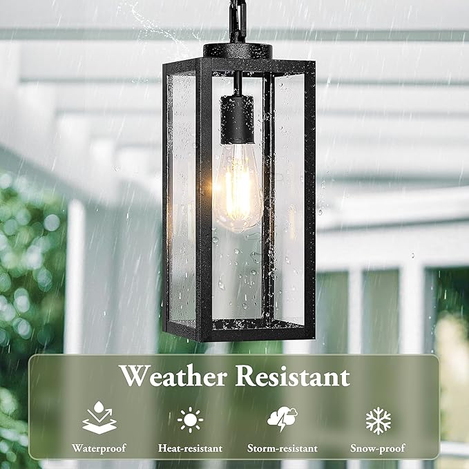 BesLowe 1-Pack Outdoor Pendant Light, 15” Modern Hanging Lantern Light for Outside, Black Exterior Pendant Lighting Fixture with Adjustable Chain, Outdoor Chandelier for Porch, Gazebo, Front Door