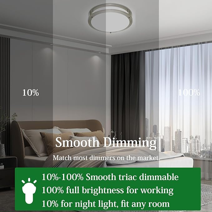 OOWOLF 10 Inch 24W LED Ceiling Lights, 5000K Brightness Adjustable Flush Mount Ceiling Light, Super Bright Brushed Nickel Lighting Lamp Fixture for Bedroom Bathroom Dining, 2-Pack, Daylight White