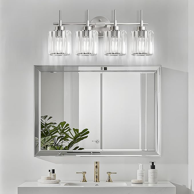 EJIAXIN Crystal Bathroom Vanity Lights, 4 Light Bath Mirror Light Brushed Nickel Round Crystal Wall Mount Light Fixture Over Mirror Morden for Living Room