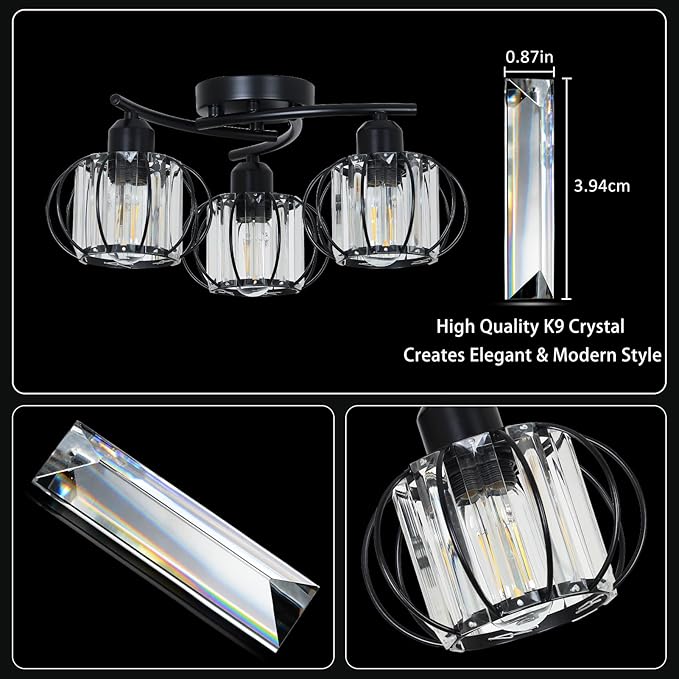 3-Light Crystal Semi Flush Mount Ceiling Light,Black Modern Close to Ceiling Light Fixtures,Kitchen Light Fixtures with Clear Crystal Shade,Hallway Light Fixtures for Hallway Bedroom Bathroom