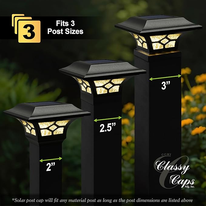 Classy Caps Kingston Solar Post Cap (Set of 6) - Fits 2"x2", 2.5"x2.5" and 3"x3" Fence & Deck Posts - Black Cast Aluminum - Warm/Cool Light Color Modes - Heavy-Duty, Real Glass - Mod. SLZ332B