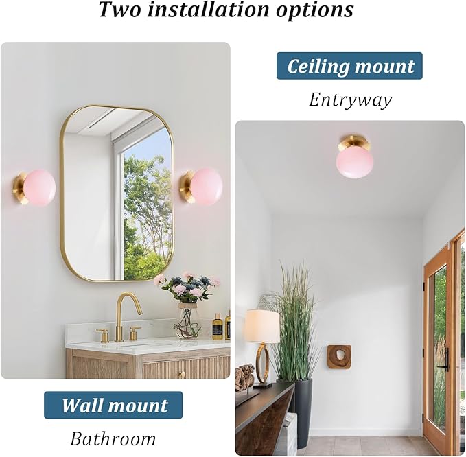 Modern Globe Glass Wall Sconces- Minimalist Home Shop Decor Wall Light 7" Glass Shade Hardwired- 1 Light Mid Century Wall Lamps Indoor Bedroom Bathroom Hallway Vanity Sconce Light (Gold-Pink)