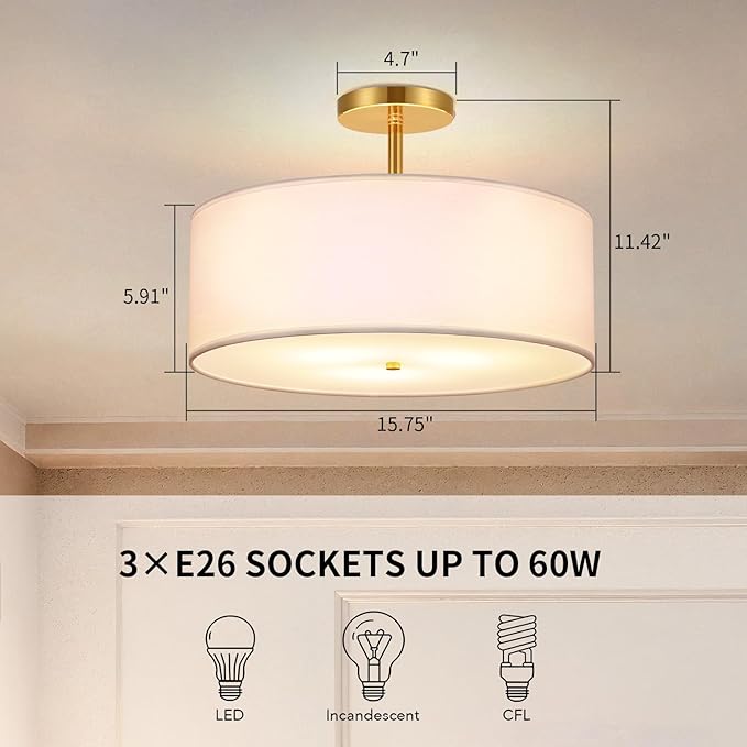 FRIDEKO HOME 3-Light Semi Flush Mount Ceiling Light Fixture, 15.74" Gold Drum Light, Modern Close to Ceiling Light with White Fabric Shade Lamps for Bedroom Living Room Kitchen Hallway Entryway Foyer