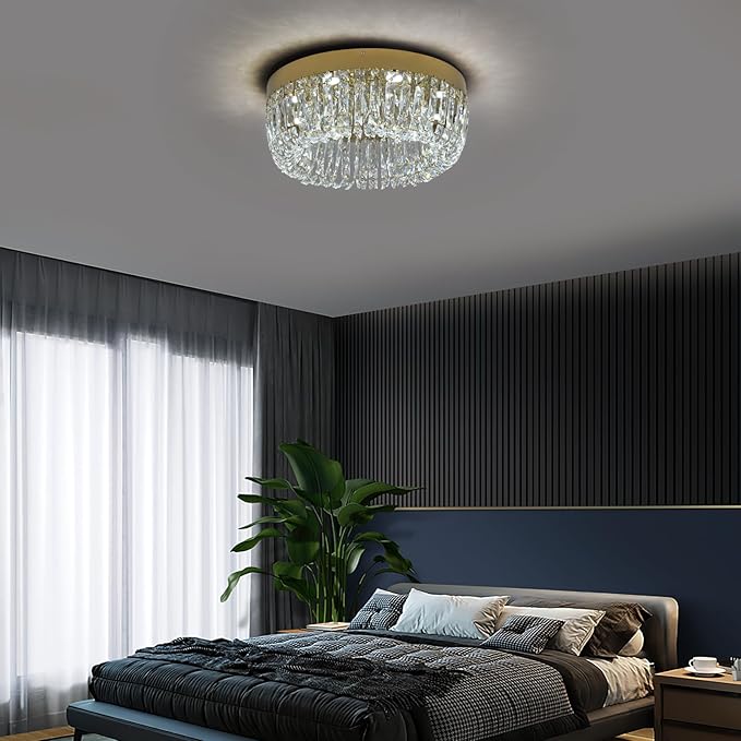 Deckrico Luxury Gold Crystal Chandelier Flush Mount Ceiling Light, 19.7" Modern LED Lighting Fixture for Bedroom Kitchen Dining Room Living Room