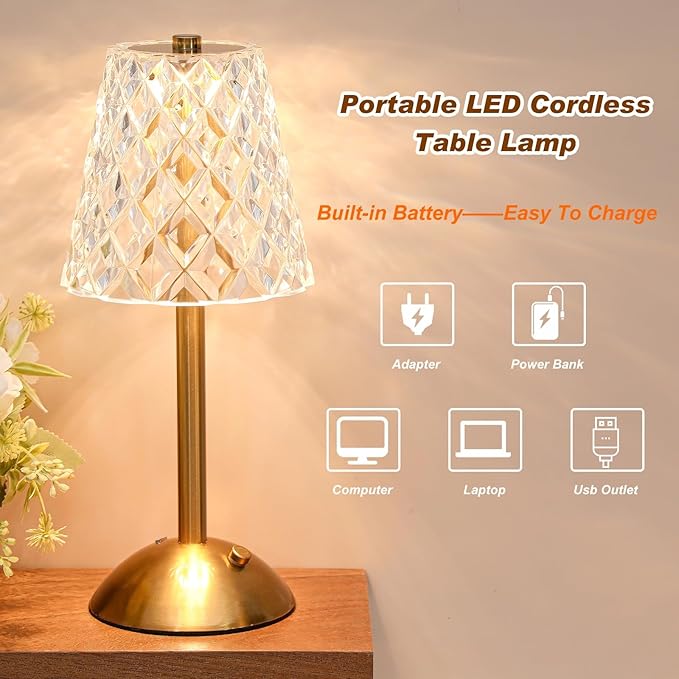 Liliful 1 Pcs Cordless Table Lamp Rechargeable Touch LED Small Gold Portable Battery Operated USB-c Desk Lamp 3 Color Dimmable for Bedroom Living Room Dining (Gold,Diamond Style)