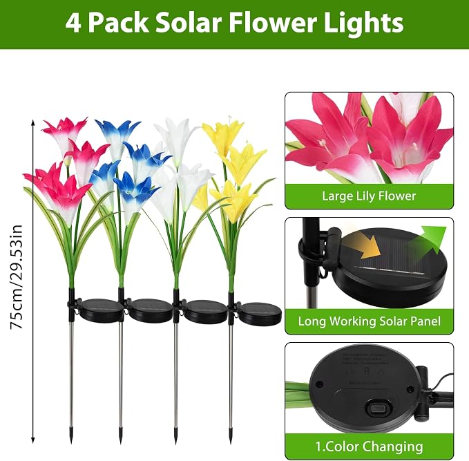 4 Pack Color Changing Solar Lights Outdoor Lily Flower Stake Lights | Auto ON/Off,Outdoor Waterproof,Solar Garden Lights for Lawn Pathway Landscape Garden Gifts for Mom Women Grandma