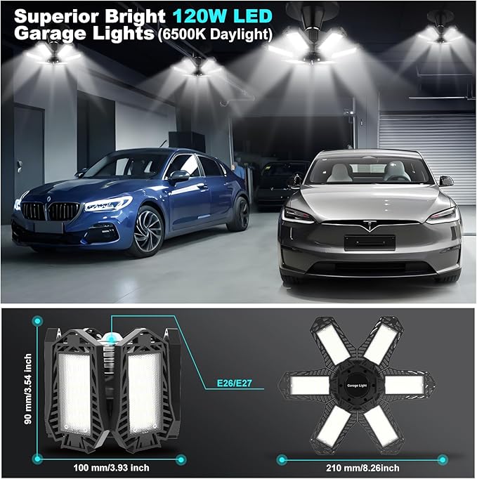 Led Garage Lights Bulb 10 Pack 120W Super Bright Ceiling Led Shop Lights 6 Deformable Panels Screw in E26/E27 6500K 12000 LM Deformable Garage Light Ideal for Basement Attic and Workshop
