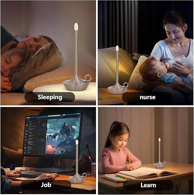 ModernPortable Table Lamp CordlessLED Desk Lamps, 3 Colors Stepless Dimming Rechargeable Battery Operated Lighting for Bedroom Dining Room Restaurant Coffee Shop Camping Night Light (Silver)