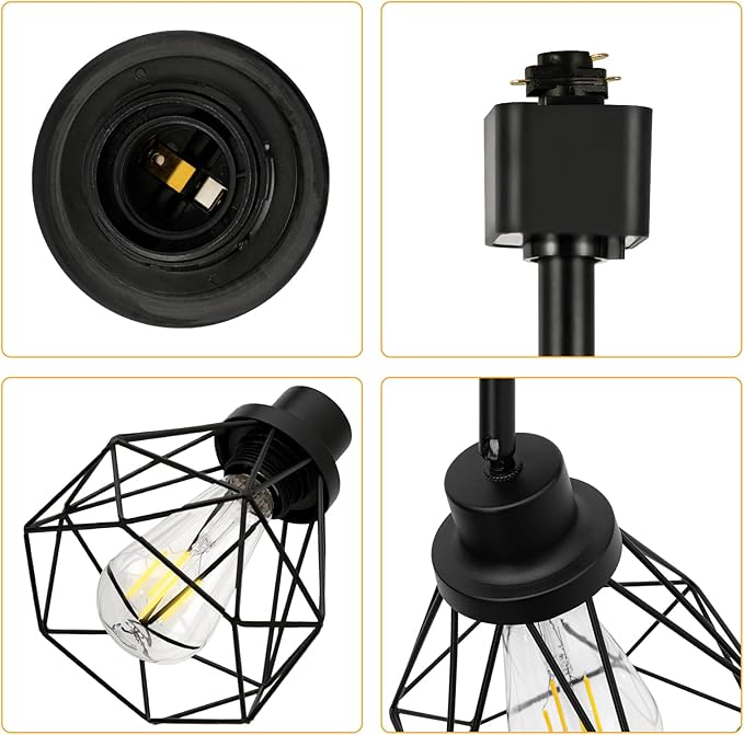 E26 Track Lighting Heads with Metal Cage, H Type LED Track Light Heads Compatible with H Type Track Rails, E26 Base Adapter Ceiling Light Fixture Direction Adjustable, Black (No Bulbs)