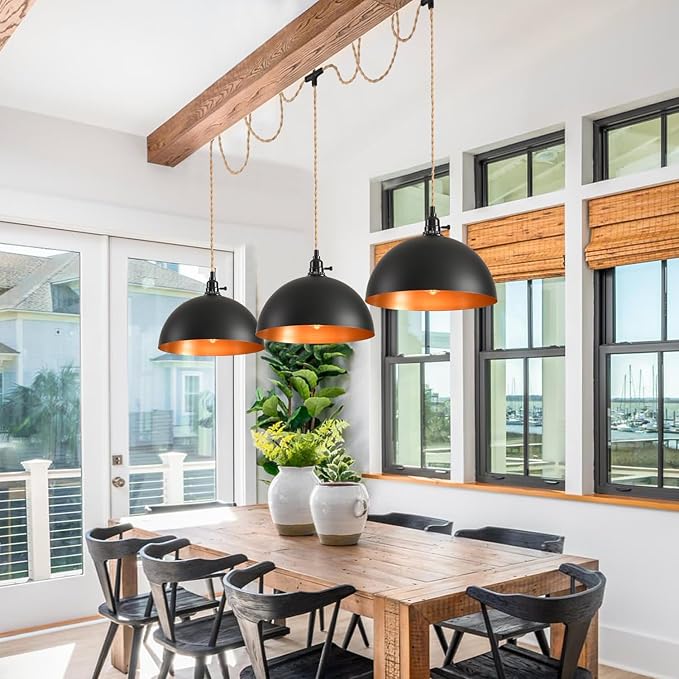 3-Light Hanging Light with Plug in Cord,Plug in Pendant Light 22ft Hemp Rope Pendant Lighting Vintage 3-Light Hanging Lamp Fixtures for Kitchen Island Living Room Bedroom
