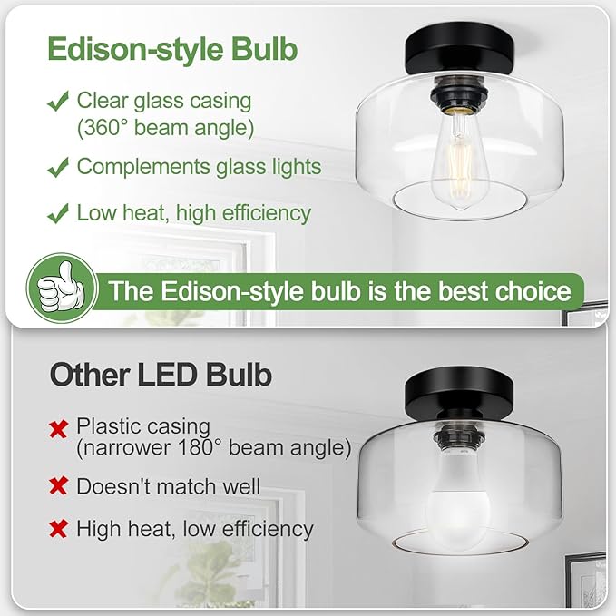Industrial Semi Flush Mount Ceiling Light, 800 Lumen LED Bulb Included, Clear Glass Shade Ceiling Light Fixture, Farmhouse Light Fixture for Hallway Corridor Kitchen Bathroom Bedroom Passway