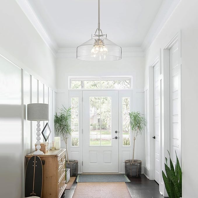WUZUPS Chandelier Rustic Farmhouse Industrial Round Ceiling Pendant LED Light Fixture with Clear Glass Shades for Dining Room Kitchen Island Foyer Entryway, H 11.8" W 15", E26 Base, Gold