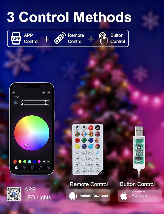 echosari Christmas Lights 33Ft RGB Color Changing IC, 100 LED Smart String Light with App Control, Music Sync Wreath Lights for Yard Garden Tree Decor (Dark Green Cable)