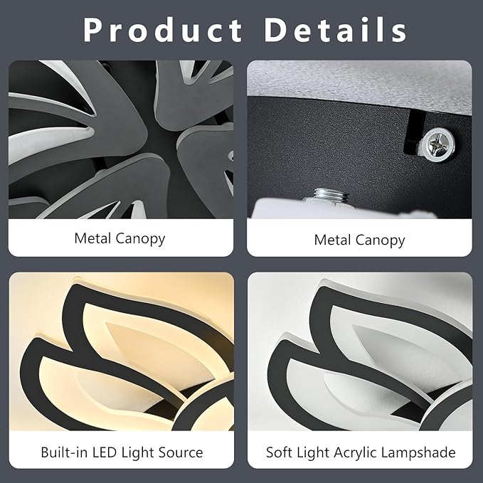 Modern Ceiling Light with APP & Remote Control, Dimmable LED Flush Mount Chandelier with 3-Color, Black Acrylic Flower Ceiling Light Fixture for Living Room Dining Room Bedroom Kitchen-12-Leaves