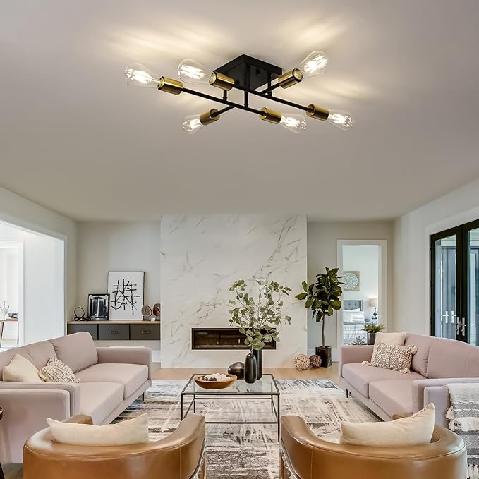 6-Lights Semi Flush Mount Ceiling Light Fixture, Matte Black and Golden, Modern Sputnik Close to Ceiling Light with E26 Base, Chandelier Light for Bedroom Kitchen Living Room Dining Room