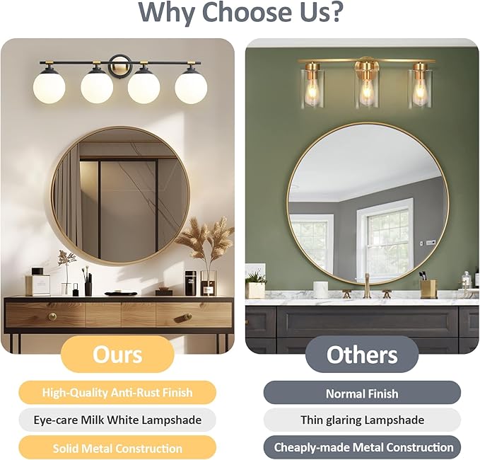 Rayogale Black Gold Bathroom Light Fixtures, ETL Certified, Modern, 4 Light Bathroom Wall Sconce, Vanity Light with Milk White Glass Shades (Bulbs Not Included) 32 Inch