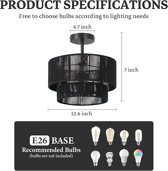 Rattan Ceiling Light Fixture,Boho Style Semi Flush Mount Ceiling Light, 12.6Inch Farmhouse Rattan Light Fixture with Black Woven Drum Lampshade for Entryway, Foyer, Kitchen