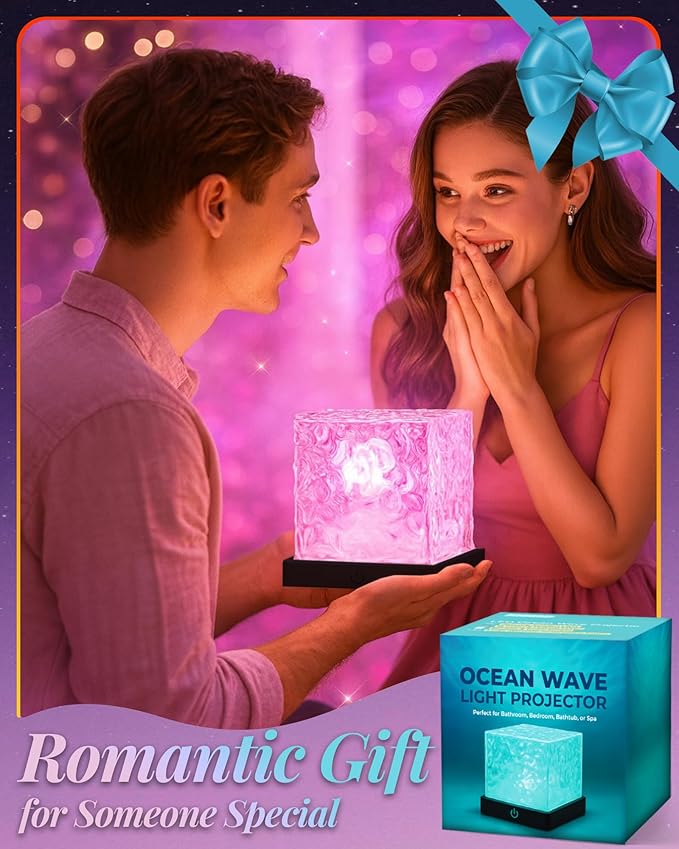 Rechargeable Shower Light Cube, 16 Colors Ocean Lamp, Waterproof Bathroom Mood Lighting, Ocean Wave Projector with Remote, Shower Mood Light, Bathtub Lights for Relaxing Spa, Bedroom Decor (Black)