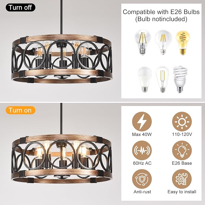5 Light Light Fixtures Ceiling Mount 19.71" Flush Mount Ceiling Light,Height Adjustable Farmhouse Chandeliers for Dining Room Black Drum Chandelier Ceiling Hanging Pendant Light Fixture