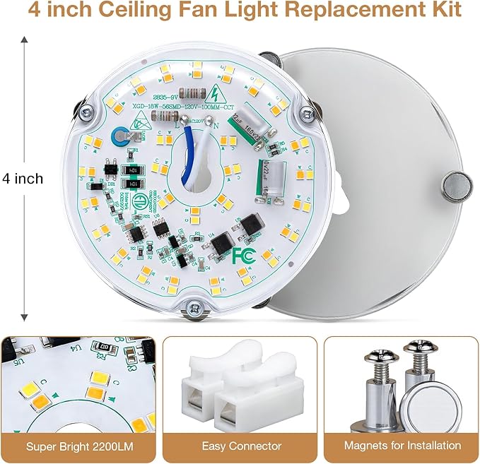4 inch LED Retrofit Light Kit for Ceiling Fan Light Replacement Panel PCB 18W Color Temperature Adjustable 3000K 4500K 6000K 2200LM 120V CRI90 Dimmable