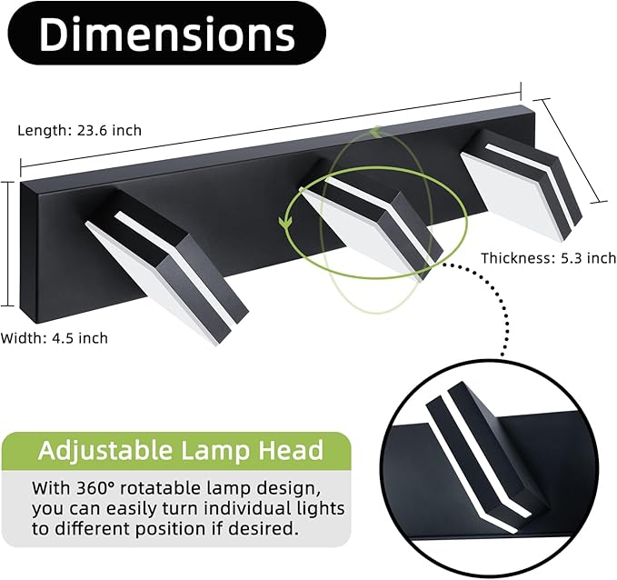 OKELI 3 Light Bathroom Vanity Light Matte Black Modern 24W LED Dimmable Vanity Light Over Mirror 350° Adjustable Lamp Head Cold White 6000K ETL Listed 22Inch