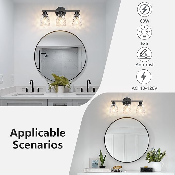 3-Light Bathroom Light Fixtures, Modern Black Vanity Light Over Mirror, Wall Sconce with Clear Hammered Glass Shades, E26 Base (Bulbs Not Included)