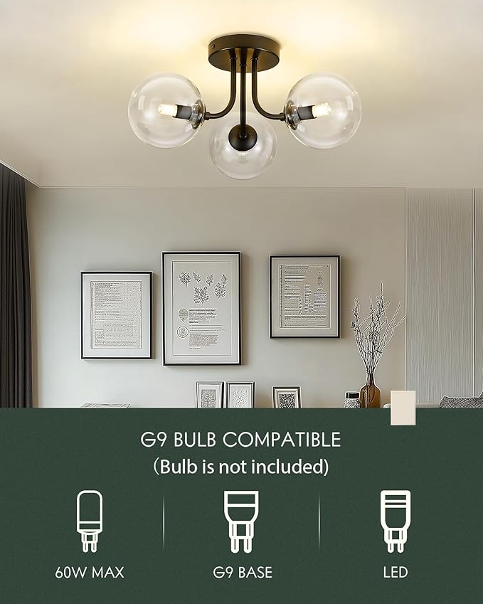 3-Globe Black Flush Mount Ceiling Light in a Modern Farmhouse Design is Ideal for Living Rooms, Matte