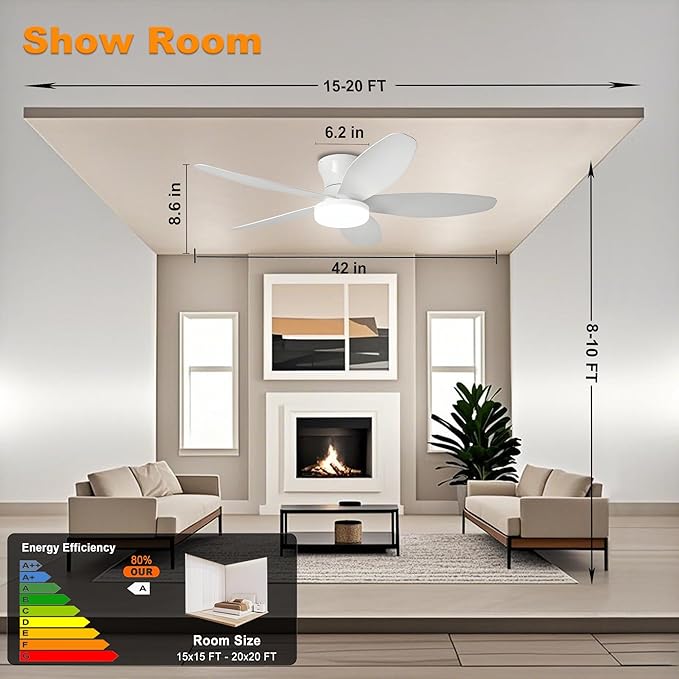 42" Low Profile Flush Mount Ceiling Fan with Lights & Remote, Dimmable 3-Color LED, 6 speed wind, Reversible DC Motor,Timer, Memory Function - Quiet Bedroom & Patio Fan for Indoor/Outdoor Use (White)