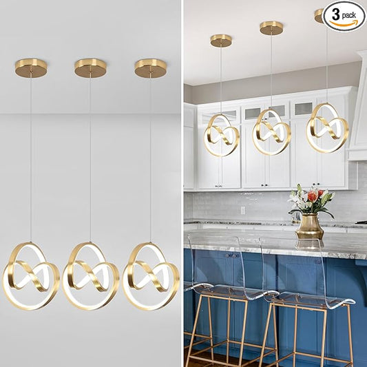 Modern LED Pendant Light Fixtures 5500K Pendant Lights Kitchen Island Lighting Adjustable Height Gold Hanging Lamp for Dining Room Bedroom Living Room,3 Packs