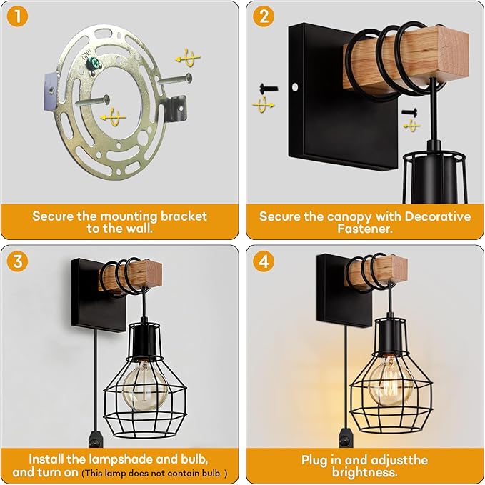 Lightess Plug in Wall Sconces Set of 2, Industrial Wall Mount Light Fixture with ON/Off Dimmable Switch Cord, Black Rustic Wall Lighting for Bedroom Living Room, Bulb Not Included