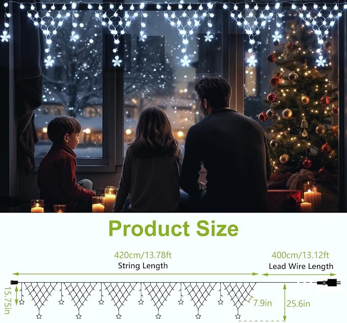 (New) Christmas Curtain Lights, 13.8ft 218 LED Outdoor Christmas Lights, Icicle Lights with 12 Drop Stars for Curtain, Indoor, Garden, Patio, Wedding, Xmas, Home Decoration - White