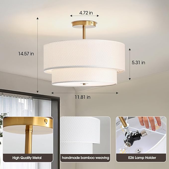 Fabric Semi Flush Mount Lighting Fixture, Modern Semi Chandeliers, 2 Tier Drum Ceiling Light, White Fabric Shade 3-Light for Kitchen Island Bedroom Hallway Foyer, E26, W16xH14
