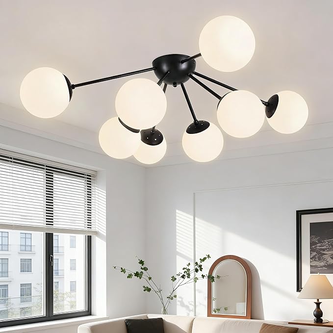 8 Light Mid Century Modern Semi Flush Mount Ceiling Light Fixture Globe Ceiling Light Sputnik Chandelier with Milk Glass Shade Matte Black Finish for Bedroom Hallway Dining Room Living Room