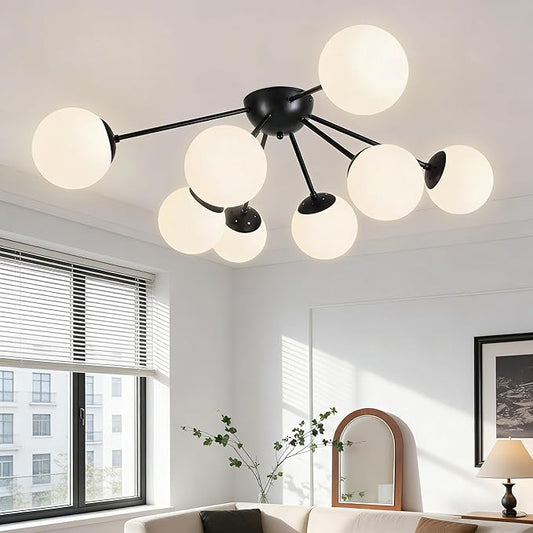 8 Light Mid Century Modern Semi Flush Mount Ceiling Light Fixture Globe Ceiling Light Sputnik Chandelier with Milk Glass Shade Matte Black Finish for Bedroom Hallway Dining Room Living Room