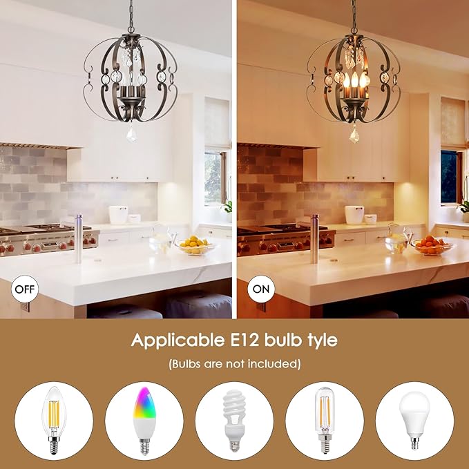 Farmhouse Crystal Chandeliers for Dining Room Light Fixture, 3-Light 18 Inch Candle Bronze Crystal Chandelier for Kitchen Island, Living Room, Foyer, Staircase, Villa
