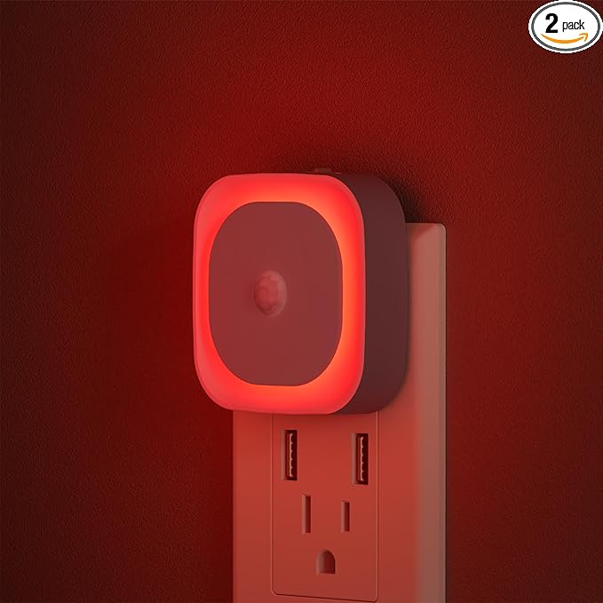 YUNLEX 2 Pack Plug in Red Sleep Night Light with Motion Sensor & Dusk to Dawn Sensor, Soft Glow, 0% Blue Light, Dimmable, Auto On/Off, LED Lights for Bedroom, Kids, Bathroom, Hallway, as Mother Gifts