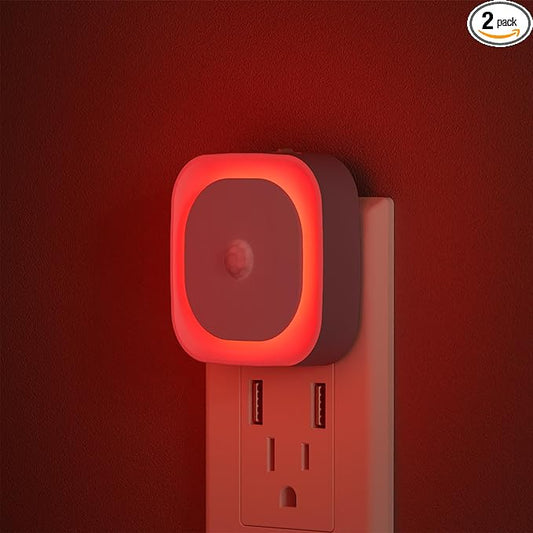 YUNLEX 2 Pack Plug in Red Sleep Night Light with Motion Sensor & Dusk to Dawn Sensor, Soft Glow, 0% Blue Light, Dimmable, Auto On/Off, LED Lights for Bedroom, Kids, Bathroom, Hallway, as Mother Gifts