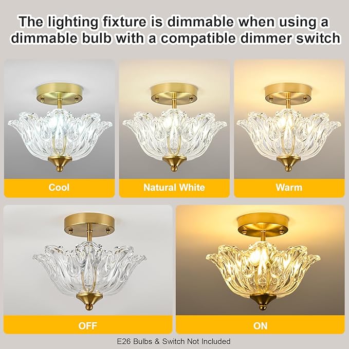 Semi Flush Mount Ceiling Light, Gold Vintage Light fixtures with Floral Clear Glass Shade, Modern Close-to-Ceiling Lighting for Bedroom Kitchen Living Room Hallway