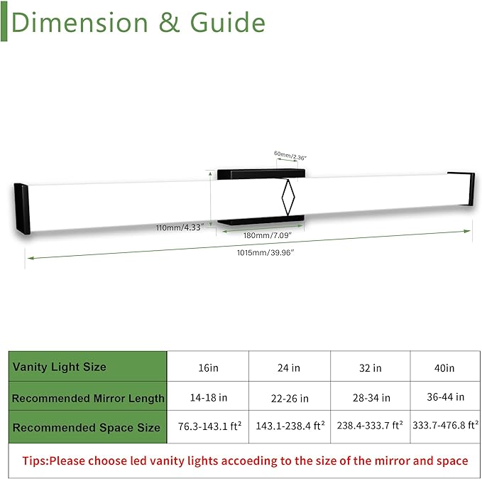 40 Inch Bathroom Vanity Light 3600LM, 5700K Daylight White Modern Bathroom Light Dimmable, AC 120V 40W Matte Black LED Vanity Lighting Fixtures Wall Sconce ETL Certified, 1Pack