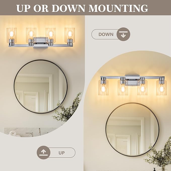4-Light Bathroom Light Fixtures Modern Chrome Vanity Lights with Clear Glass Shade 26 Inch Wall Sconces Over Mirror for Bathroom,Powder Room, Living Room