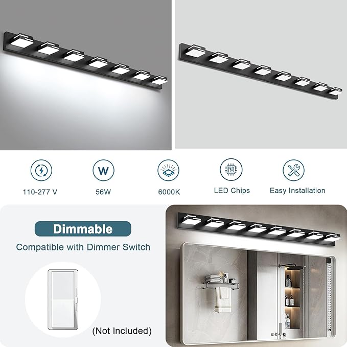 LED Modern Bathroom Vanity Light Fixtures, 8-Light 55-inch Dimmable Matte Black Vanity Lights for Bathroom Lighting Fixtures Over Mirror, with 360° Rotatable Acrylic Heads (Cool White 6000K)