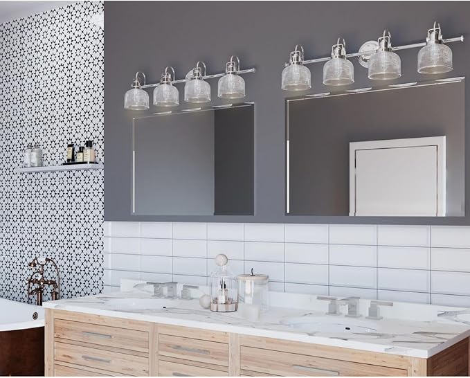 Progress Lighting 4-Light Clear Double Prismatic Glass Coastal Bath Vanity Light, Archie Collection, Indoor, P2997-15, Polished Chrome