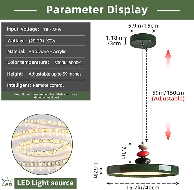Mikeru Modern Pendant Lights, 15.8" Vintage Green Pendant Lighting Fixture with Remote Control Dimmable 3 Color Mode & Brightness Mid Century Island Light Fixture for Dining Room,Kitchen,Living Room