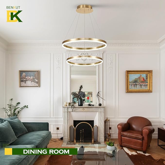 Benkut 2-Rings Modern LED Chandelier Gold for Dining Room, Circular Flush Mount Ceiling Chandelier Light Dimmable Pendant Light with Remote Control for Living Room Entrance Foyer, 3000K-6500K