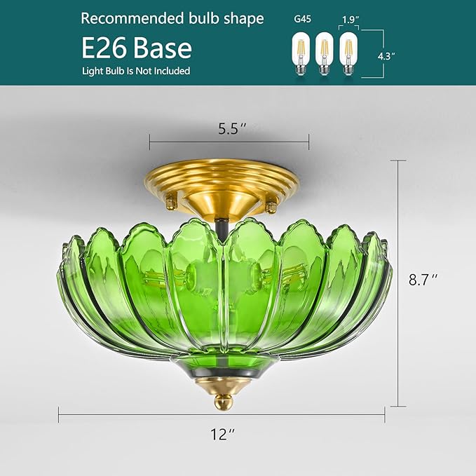 Green Glass Ceiling Light Fixture - Handcrafted Art Glass Semi Flush Mount Chandelier, 3 E26 Bases with Natural Green Shade Lighting, Modern Farmhouse Decor for Kitchen Dining Hallway