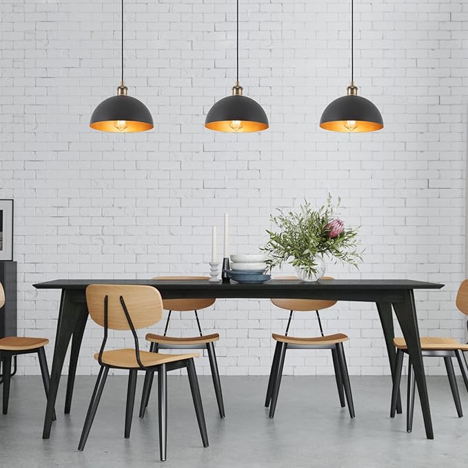 9.84" Modern Industrial Black Pendant Lights Farmhouse Dome Black Gold Pendant Lighting Fixture Vintage Golden Pendant Light for Kitchen, Dining Room, Bedroom, Hallway, Living Room, Set of 3