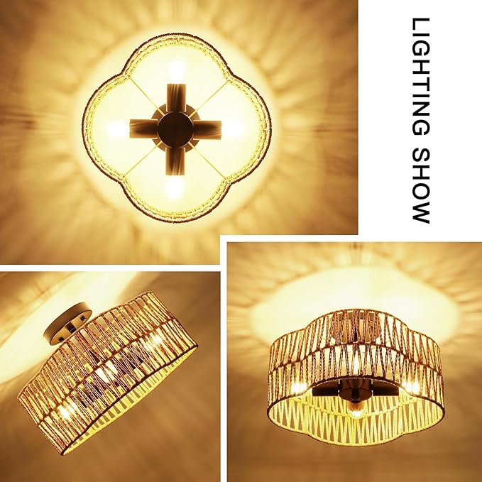 13.4" Boho Light Fixtures Flush Mount,Modern 4-Light Rattan Ceiling Light Fixtures,Flower-Shaped Close to Ceiling Light Fixture for Bedroom Nursery Hallway Kichen Room