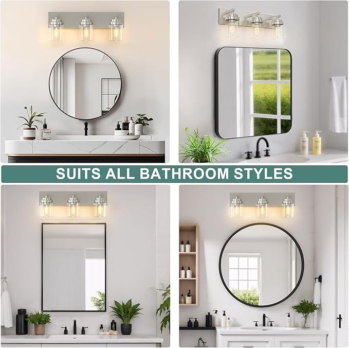 IZORRO Bathroom Vanity Light Fixture, 3-Light 22 Inch Brushed Nickel Bathroom Light Fixtures Over Mirror, with Clear Glass Shade, Modern Farmhouse Vanity Lights, Rustic Restroom Lighting Fixtures