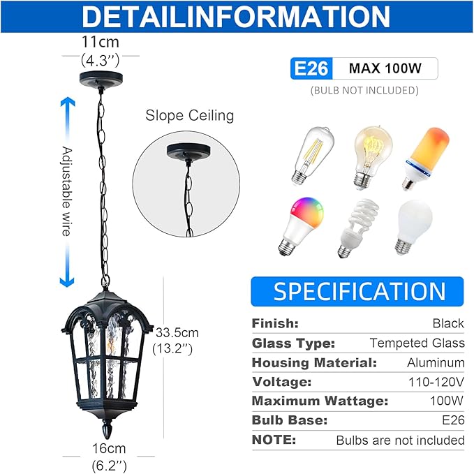Black Outdoor Pendant Lights for Porch Hallway Patio, Aluminium Exterior Hanging Light Fixture, Outside Waterproof Vintage Hanging Lantern Light, Height Adjustable Outdoor Pendant Lamp